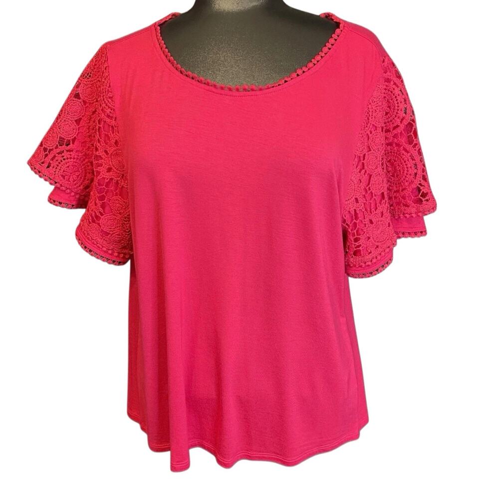 Bellini EUC Pink Knit Lace Accent Scoop Neck Flutter Crochet Sleeve Top Women M - Picture 1 of 10